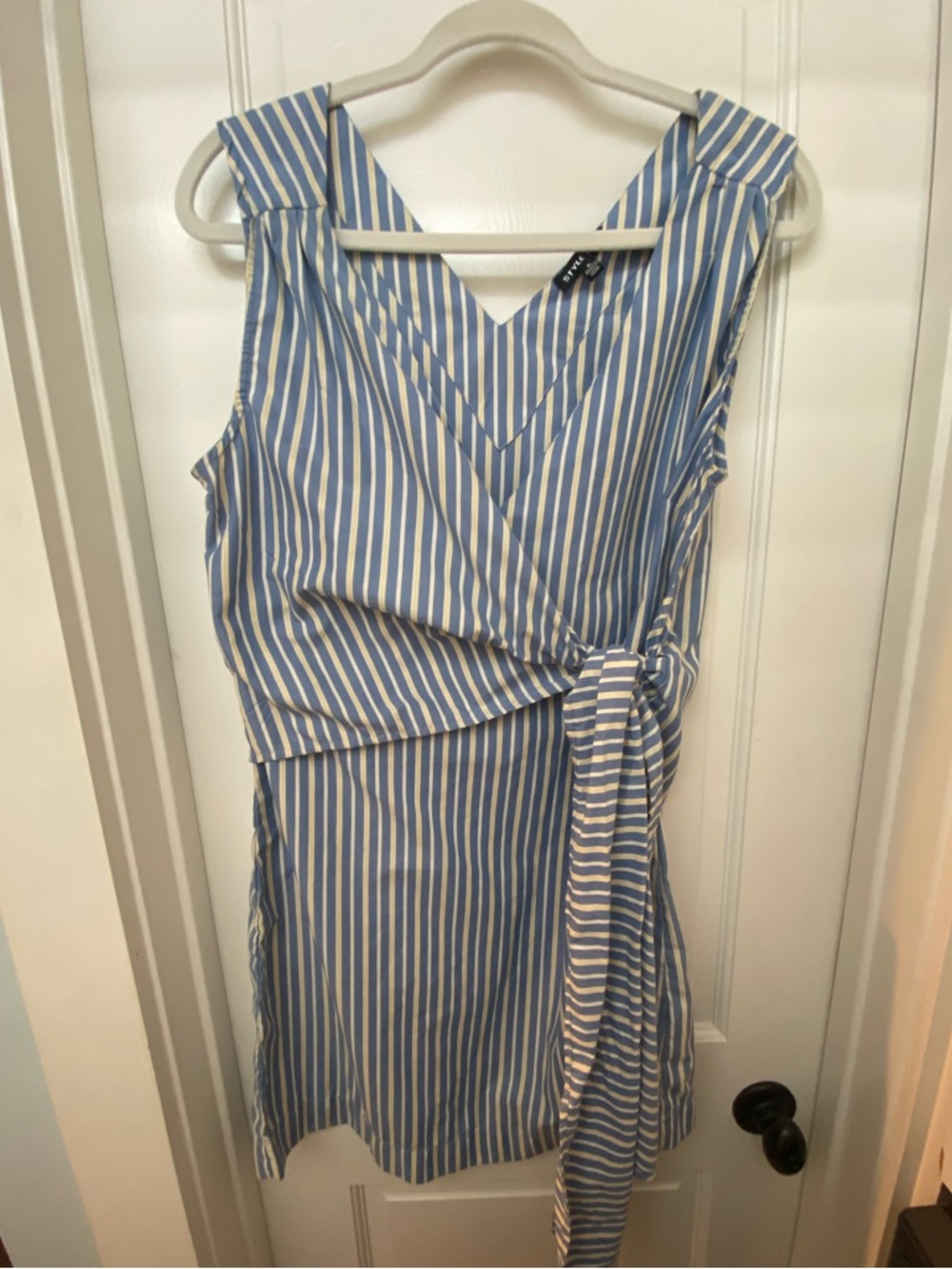 Style Envy Blue, Yellow & White Striped Faux Wrap Sleeveless Summer Dress Large